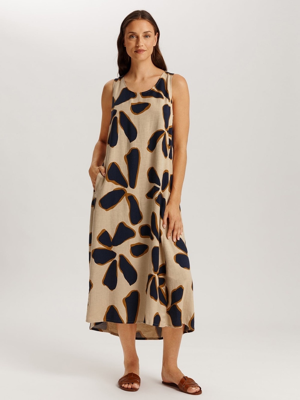 HANRO Linen Blend Dress in Desert Flower Midi Maxi Pockets High Neck